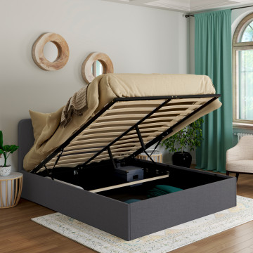 Lit coffre Louise en tissu gris avec sommier et tête de lit arrondie 140x190cm