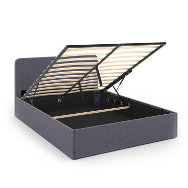Lit coffre Louise en tissu gris avec sommier et tête de lit arrondie 140x190cm