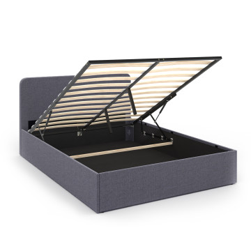 Lit coffre Louise en tissu gris avec sommier et tête de lit arrondie 140x190cm