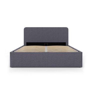 Lit coffre Louise en tissu gris avec sommier et tête de lit arrondie 140x190cm