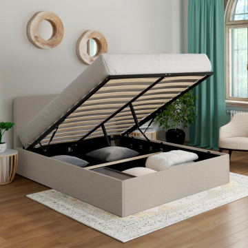 Lit coffre Louise en tissu beige avec sommier et tête de lit arrondie 140x190cm