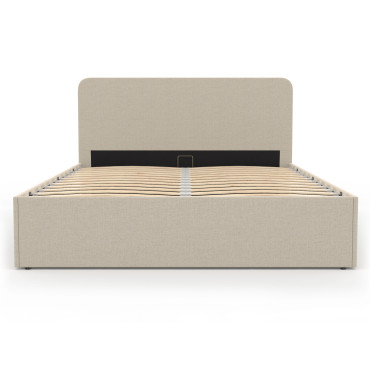 Lit coffre Louise en tissu beige avec sommier et tête de lit arrondie 140x190cm