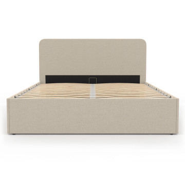 Lit coffre Louise en tissu beige avec sommier et tête de lit arrondie 140x190cm