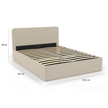 Lit coffre Louise en tissu beige avec sommier et tête de lit arrondie 140x190cm