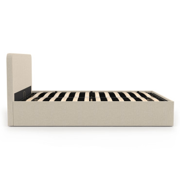 Lit coffre Louise en tissu beige avec sommier et tête de lit arrondie 140x190cm
