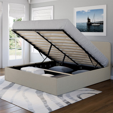 Lit coffre Louise en tissu beige avec sommier et tête de lit arrondie 160x200cm