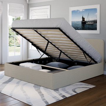 Lit coffre Louise en tissu beige avec sommier et tête de lit arrondie 160x200cm