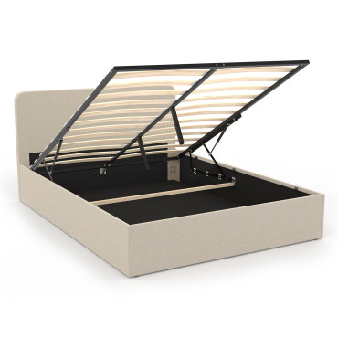 Lit coffre Louise en tissu beige avec sommier et tête de lit arrondie 160x200cm