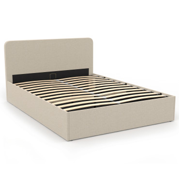 Lit coffre Louise en tissu beige avec sommier et tête de lit arrondie 160x200cm