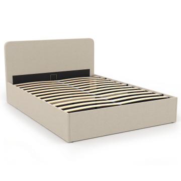 Lit coffre Louise en tissu beige avec sommier et tête de lit arrondie 160x200cm