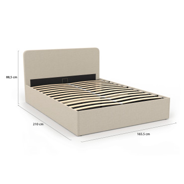Lit coffre Louise en tissu beige avec sommier et tête de lit arrondie 160x200cm