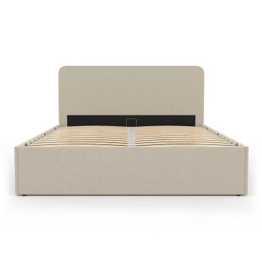 Lit coffre Louise en tissu beige avec sommier et tête de lit arrondie 160x200cm