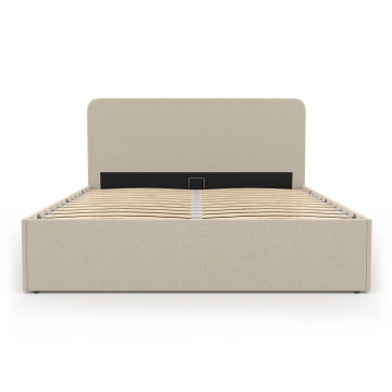 Lit coffre Louise en tissu beige avec sommier et tête de lit arrondie 160x200cm
