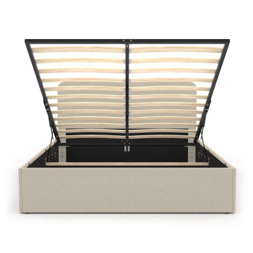 Lit coffre Louise en tissu beige avec sommier et tête de lit arrondie 160x200cm