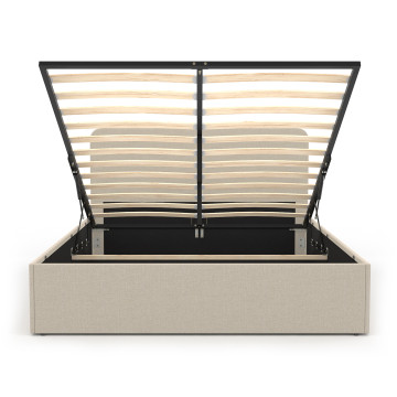 Lit coffre Louise en tissu beige avec sommier et tête de lit arrondie 160x200cm