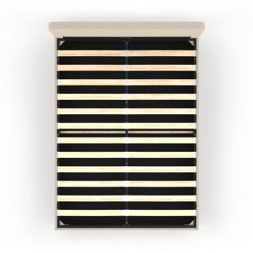 Lit coffre Louise en tissu beige avec sommier et tête de lit arrondie 160x200cm