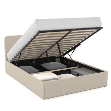 Lit coffre Louise en tissu beige avec sommier et tête de lit arrondie 160x200cm