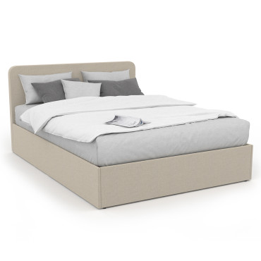 Lit coffre Louise en tissu beige avec sommier et tête de lit arrondie 160x200cm