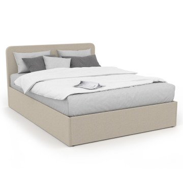 Lit coffre Louise en tissu beige avec sommier et tête de lit arrondie 160x200cm
