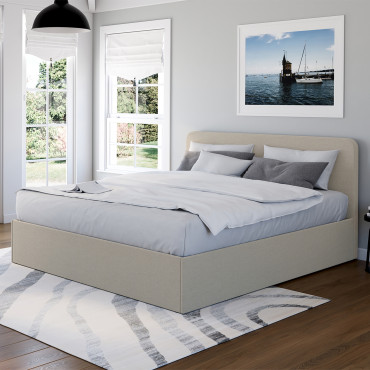 Lit coffre Louise en tissu beige avec sommier et tête de lit arrondie 160x200cm