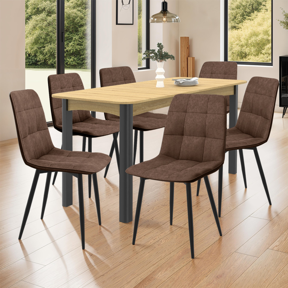Chaises Linda imitation cuir marron et pieds métal noirs - lot de 6