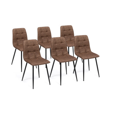 Chaises Linda imitation cuir marron et pieds métal noirs - lot de 6