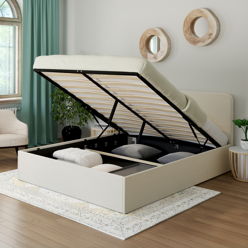 Lit coffre Louise en bouclette avec sommier et tête de lit arrondie 140x190cm