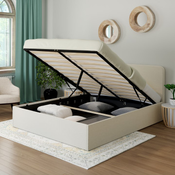 Lit coffre Louise en bouclette avec sommier et tête de lit arrondie 140x190cm