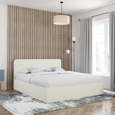 Lit coffre Louise en bouclette avec sommier et tête de lit arrondie 160x200cm