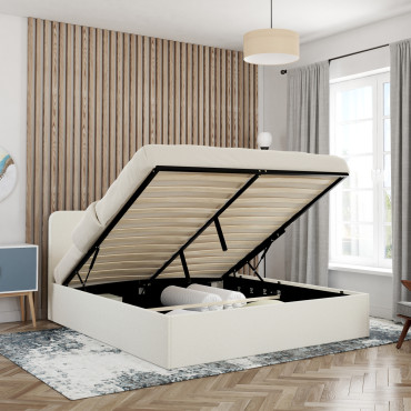 Lit coffre Louise en bouclette avec sommier et tête de lit arrondie 160x200cm