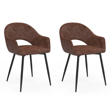 Chaises Rebecca avec accoudoirs en similicuir marron et pieds métal - lot de 2
