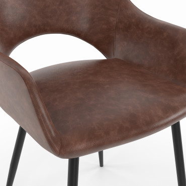 Chaises Rebecca avec accoudoirs en similicuir marron et pieds métal - lot de 2