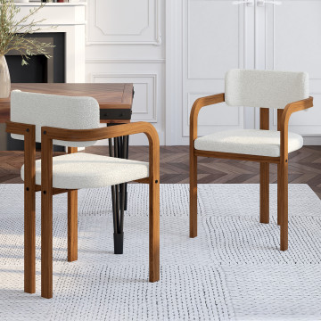 Chaises Elsa avec accoudoirs en bouclette et pieds métal effet noyer - lot de 2