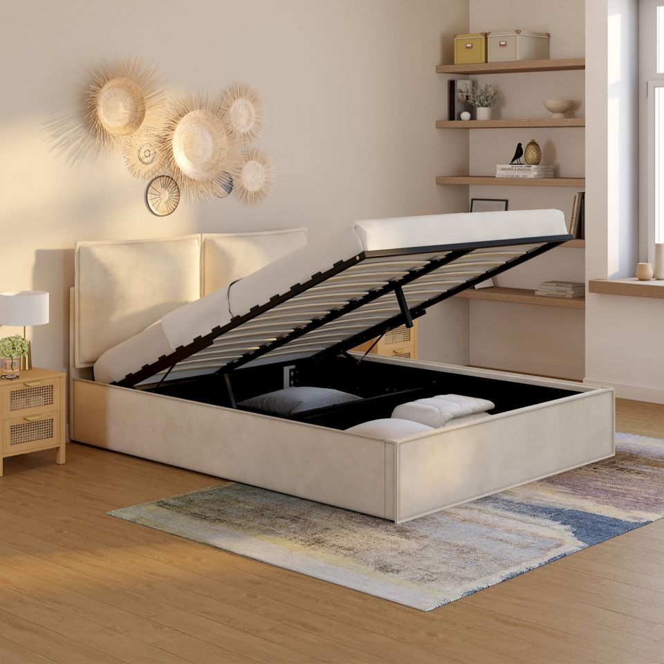 Lit coffre Lilou 140x190cm en velours beige
