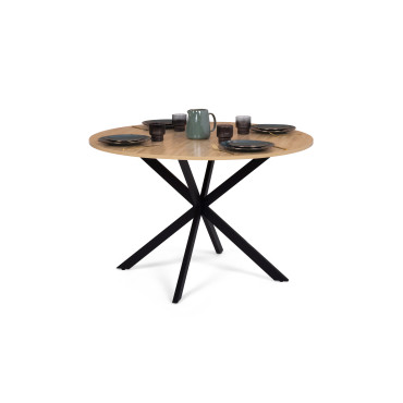 Table repas Soline 120cm plateau rond bois pieds croisés