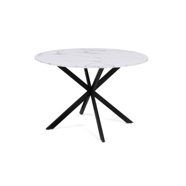 Table repas Soline 120cm plateau rond effet marbre pieds croisés