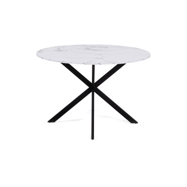 Table repas Soline 120cm plateau rond effet marbre pieds croisés