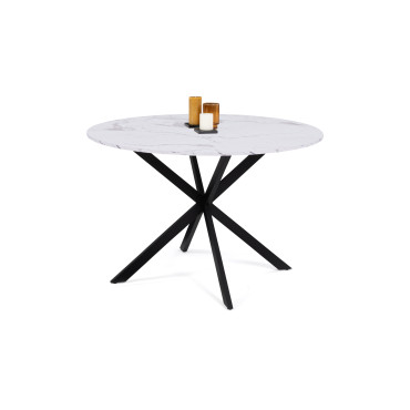 Table repas Soline 120cm plateau rond effet marbre pieds croisés