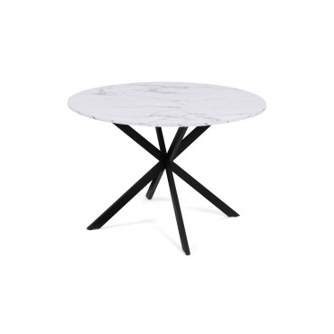 Table repas Soline 120cm plateau rond effet marbre pieds croisés