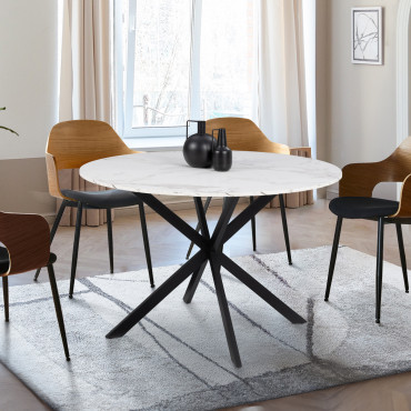 Table à manger ronde Soline effet marbre blanc et noir Ø110cm