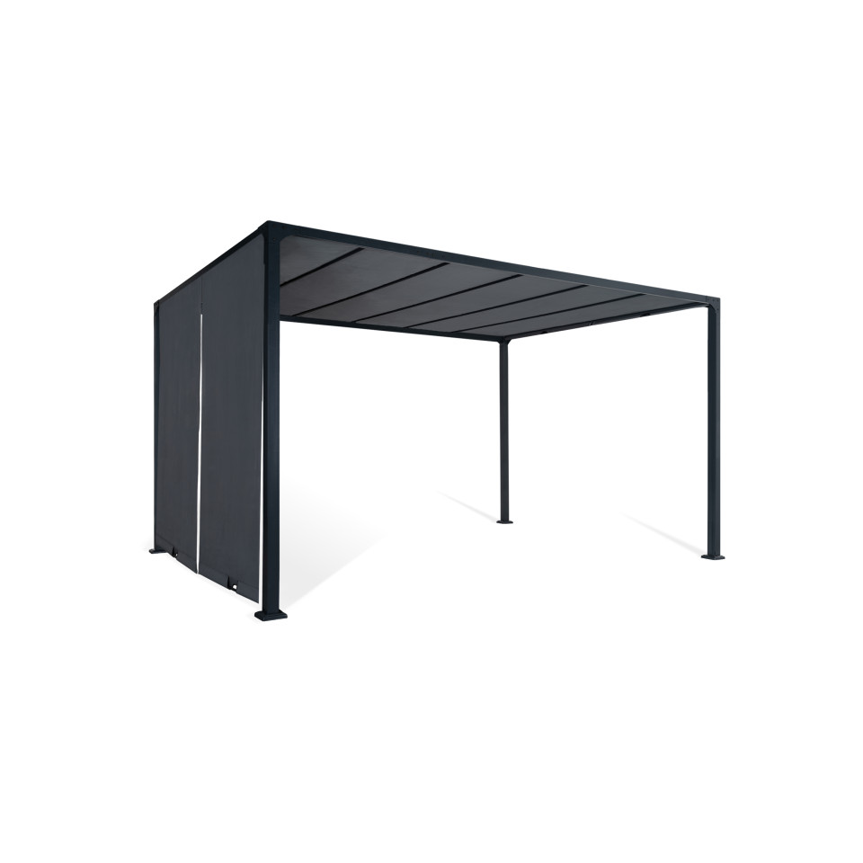 Pergola 3x4m + 2 toiles latérales coulissantes grises