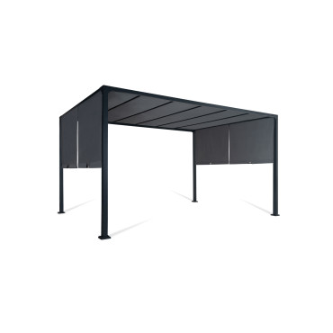 Pergola 3x4m + 2 toiles latérales coulissantes grises