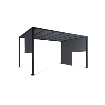 Pergola 3x4m + 2 toiles latérales coulissantes grises