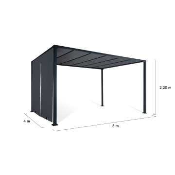 Pergola 3x4m + 2 toiles latérales coulissantes grises