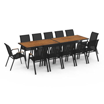 Ensemble repas extensible Timbia 12 places noir et verre trempé effet bois