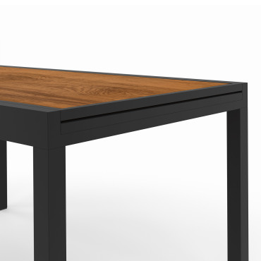 Ensemble repas extensible Timbia 12 places noir et verre trempé effet bois