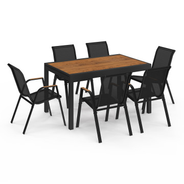 Ensemble repas extensible Timbia 12 places noir et verre trempé effet bois