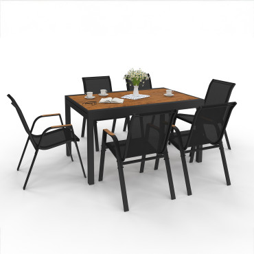 Ensemble repas extensible Timbia 12 places noir et verre trempé effet bois