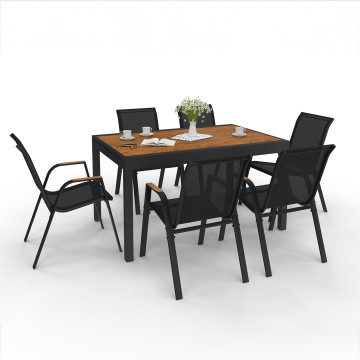 Ensemble repas extensible Timbia 12 places noir et verre trempé effet bois