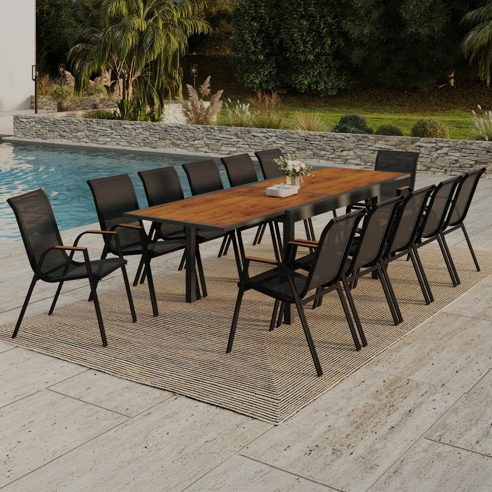 Ensemble repas extensible Timbia 12 places noir et verre trempé effet bois